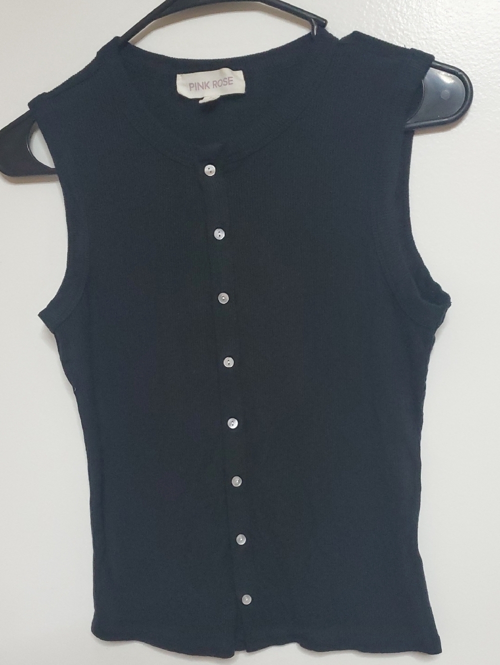 Pink Rose Black Ribbed Button-Front Tank